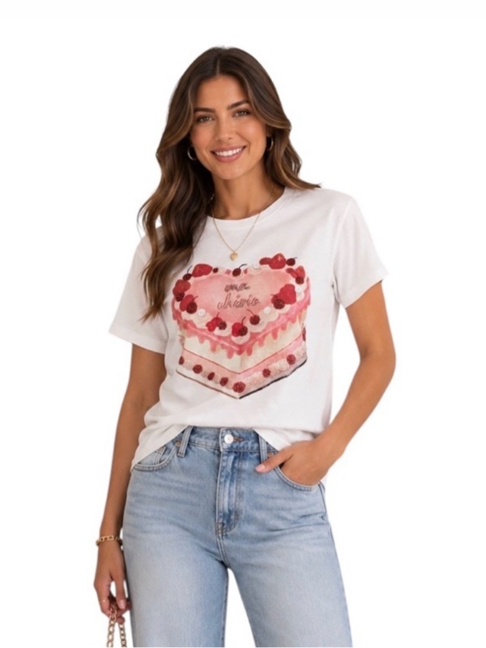 NWT Cupcakes & Cashmere Piece of Cake Embellished Graphic Tee White Large